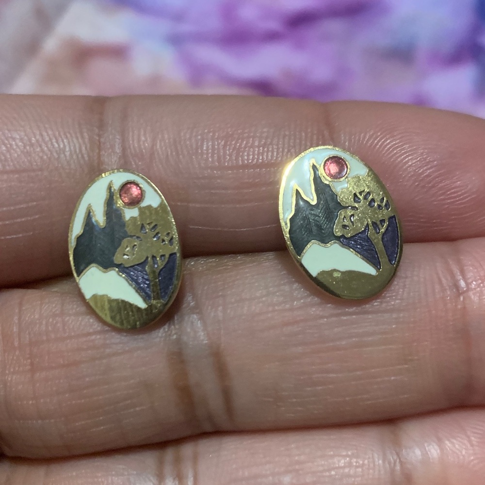 Gold and Black Oval Earrings with Red Accent